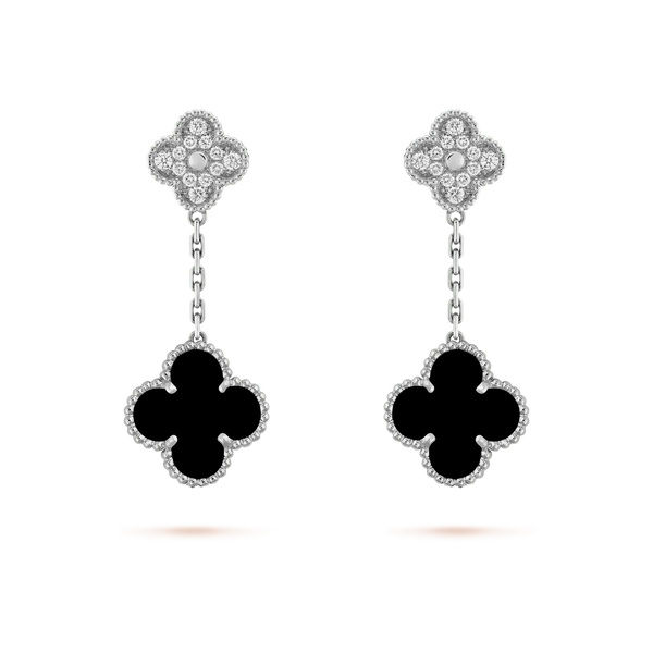 ˇShiny JewelryˇCLOVER 2 MOTIFS  DIAMOND ONYX EARRINGS SILVER